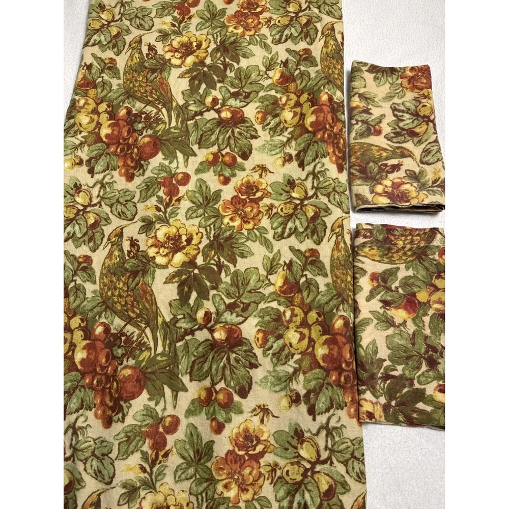 Pottery Barn Tablecloth Napkin Set OS Tan Giorgetta Floral Cotton Linen Harvest